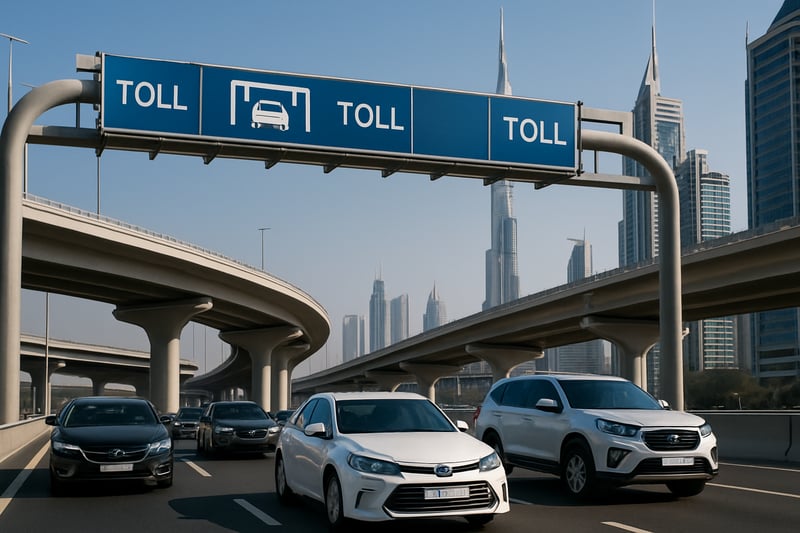 Dubai toll road infrastructure with modern vehicles Dubai toll road infrastructure with modern vehicles