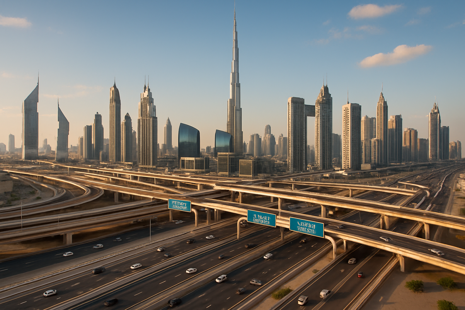 Dubai skyline showing toll road infrastructure